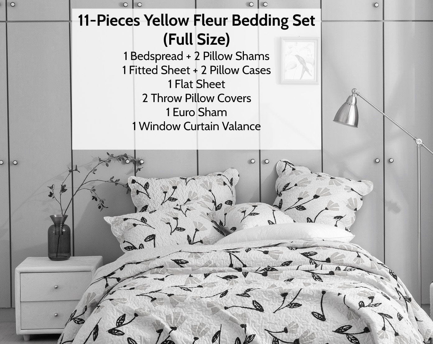DaDa Bedding Yellow Fleur Floral Bed in a Bag Set - Ivory Botanical - Full - Bedspreads