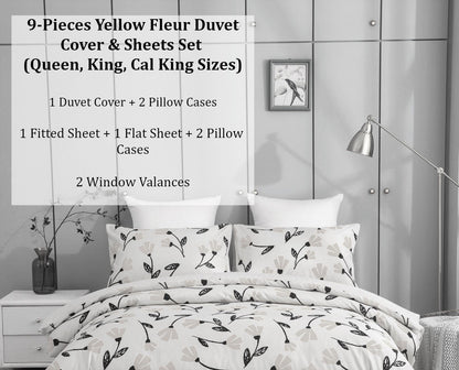 DaDa Bedding Yellow Fleur Duvet Cover, Sheets & Valance Set - Cal King - Duvet Covers