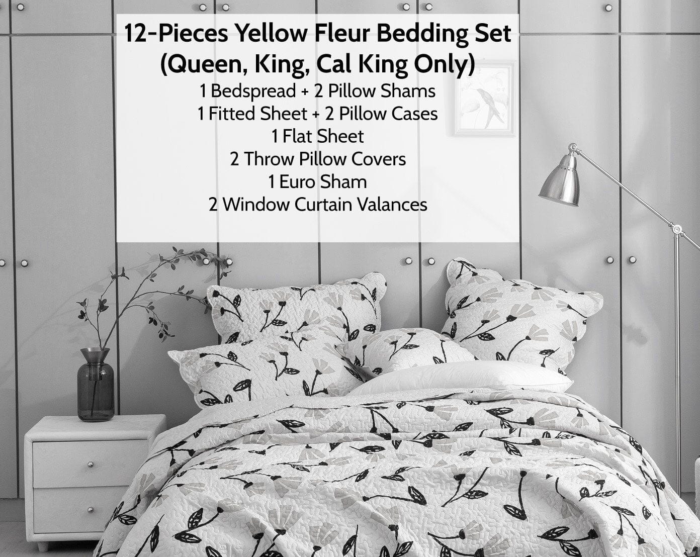DaDa Bedding Yellow Fleur Floral Bed in a Bag Set - Ivory Botanical - California King - Bedspreads