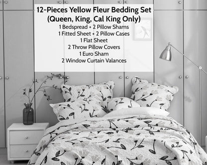 DaDa Bedding Yellow Fleur Floral Bed in a Bag Set - Ivory Botanical - California King - Bedspreads