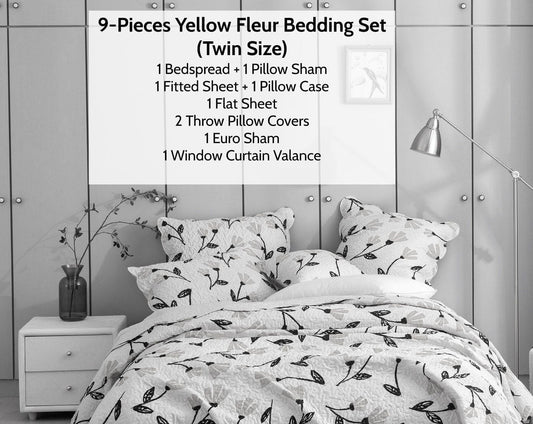 DaDa Bedding Yellow Fleur Floral Bed in a Bag Set - Ivory Botanical - Twin - Bedspreads
