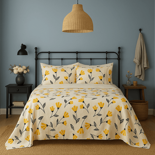 DaDa Bedding Yellow Fleur Golden Orange Floral Ivory Fitted & Flat Bed Sheets Set - - Bed Sheets