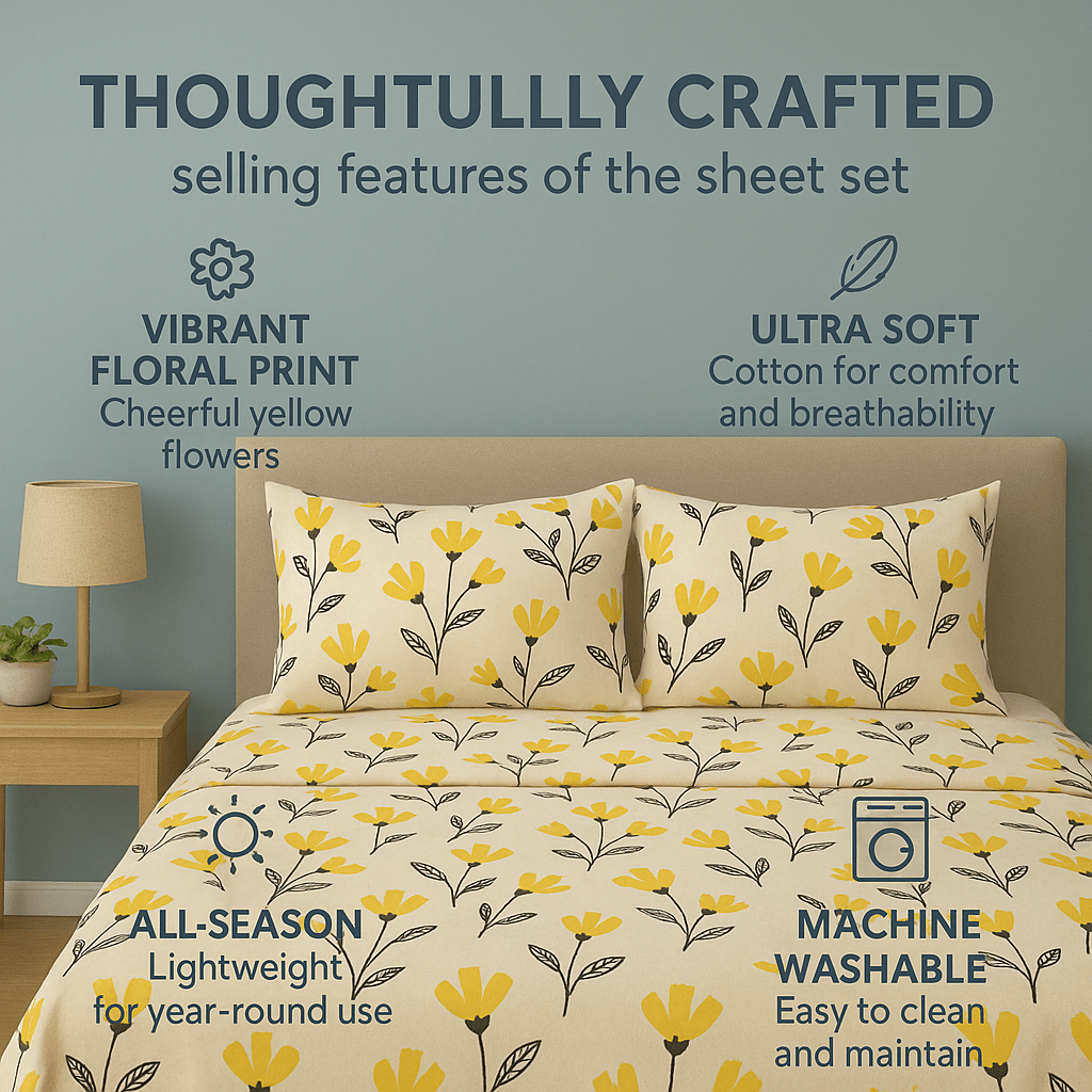 DaDa Bedding Yellow Fleur Golden Orange Floral Ivory Fitted & Flat Bed Sheets Set (18112)- DaDalogy Bedding Collection- {{Product type}}