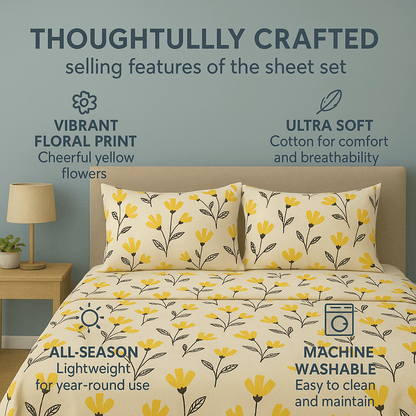 DaDa Bedding Yellow Fleur Golden Orange Floral Ivory Fitted & Flat Bed Sheets Set (18112)- DaDalogy Bedding Collection- {{Product type}}