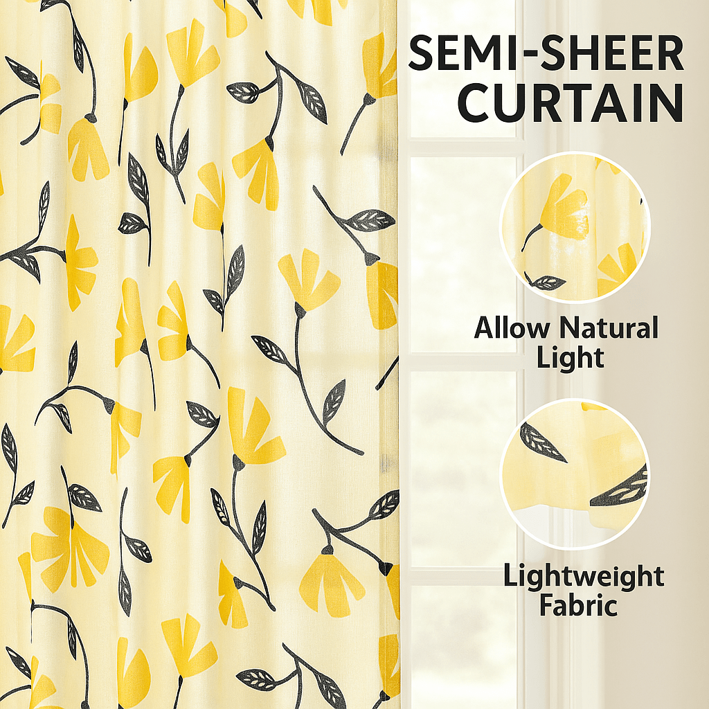 DaDa Bedding Set of 2 Botanical Floral Window Curtain Panels - Natural Semi Sheer Yellow Fleur Golden Orange Spring Time Tulips Straight Tailored Edge - - Curtains