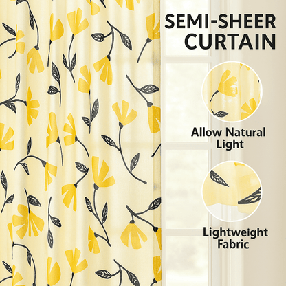 DaDa Bedding Set of 2 Botanical Floral Window Curtain Panels - Natural Semi Sheer Yellow Fleur Golden Orange Spring Time Tulips Straight Tailored Edge - - Curtains