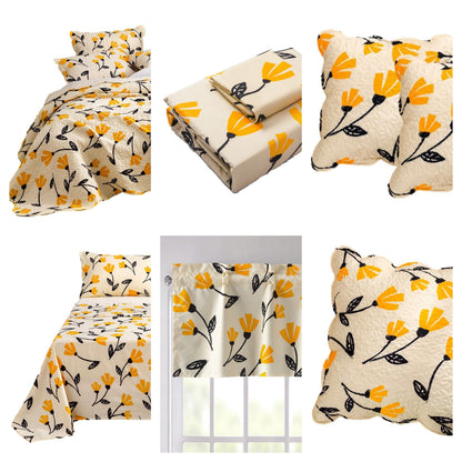 DaDa Bedding Yellow Fleur Floral Bed in a Bag Set - Ivory Botanical - - Bedspreads