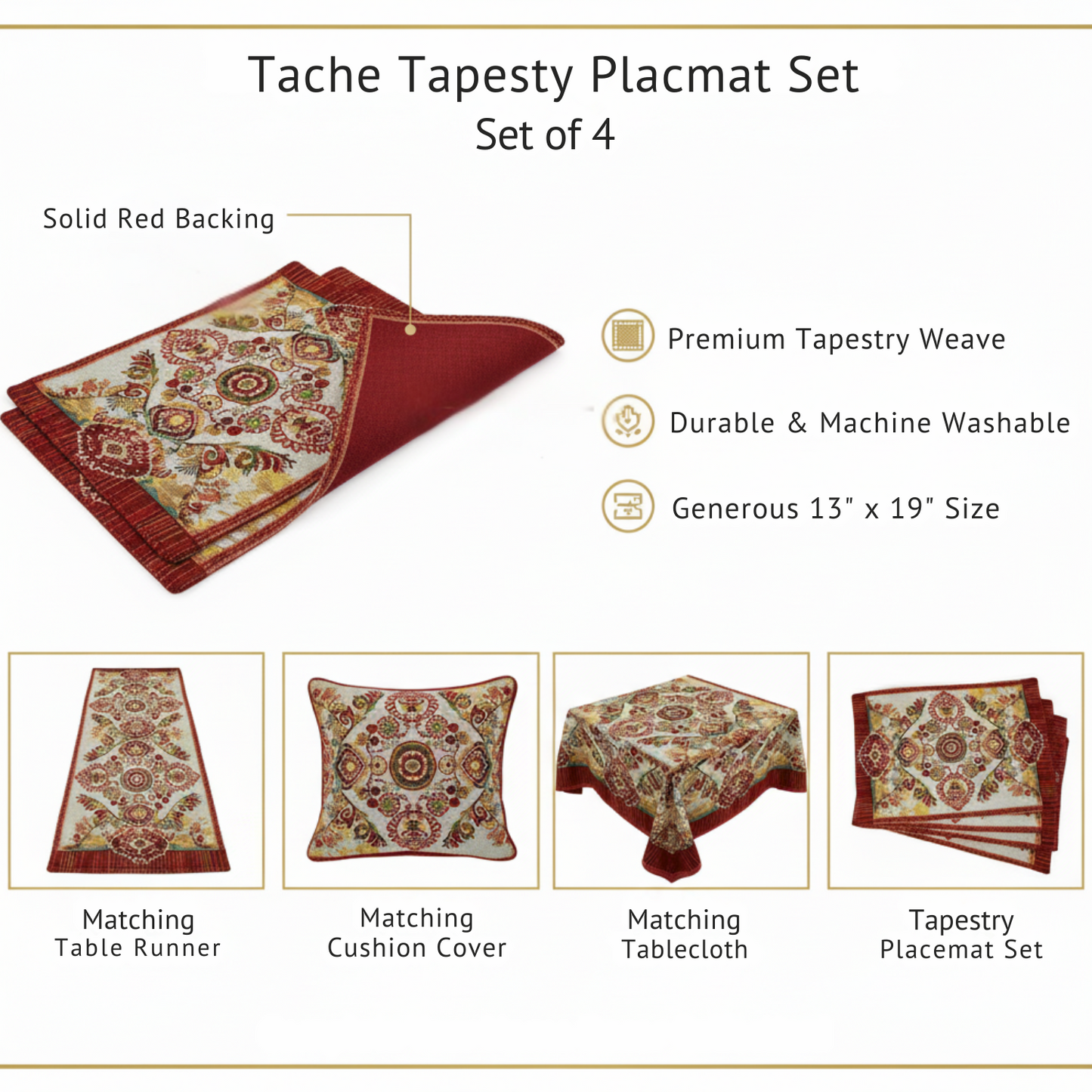 Tache Burgundy Ornate Paisley Woven Tapestry Placemats - Eclectic Modern Dining Set (18194) - - Placemat