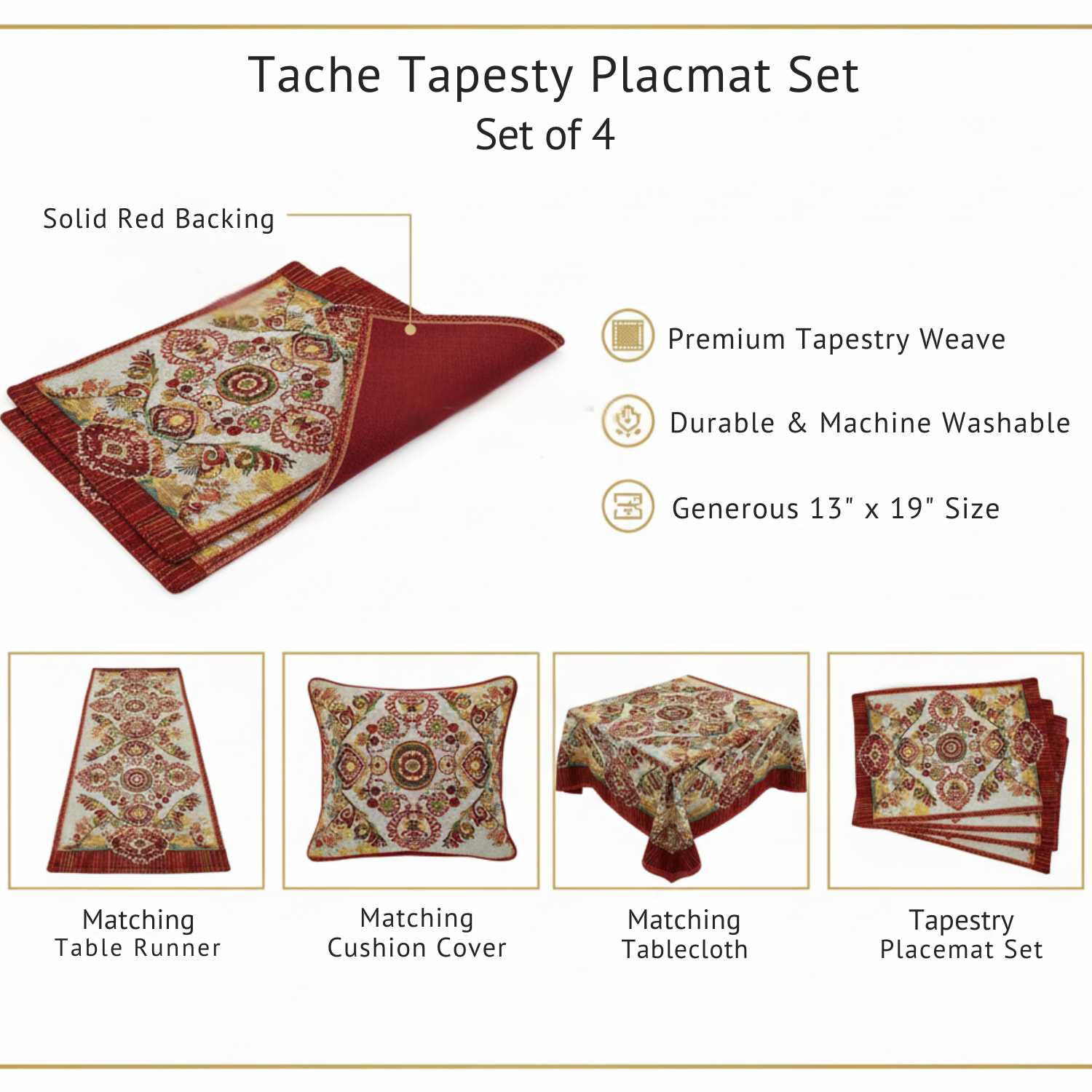 Tache Burgundy Ornate Paisley Woven Tapestry Placemats - Eclectic Modern Dining Set (18194) - - Placemat