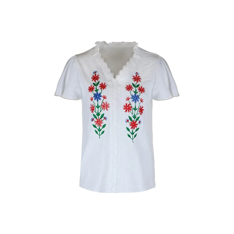 Embroidered Flower Elegant Short Sleeved Deep V-Neck Blouse