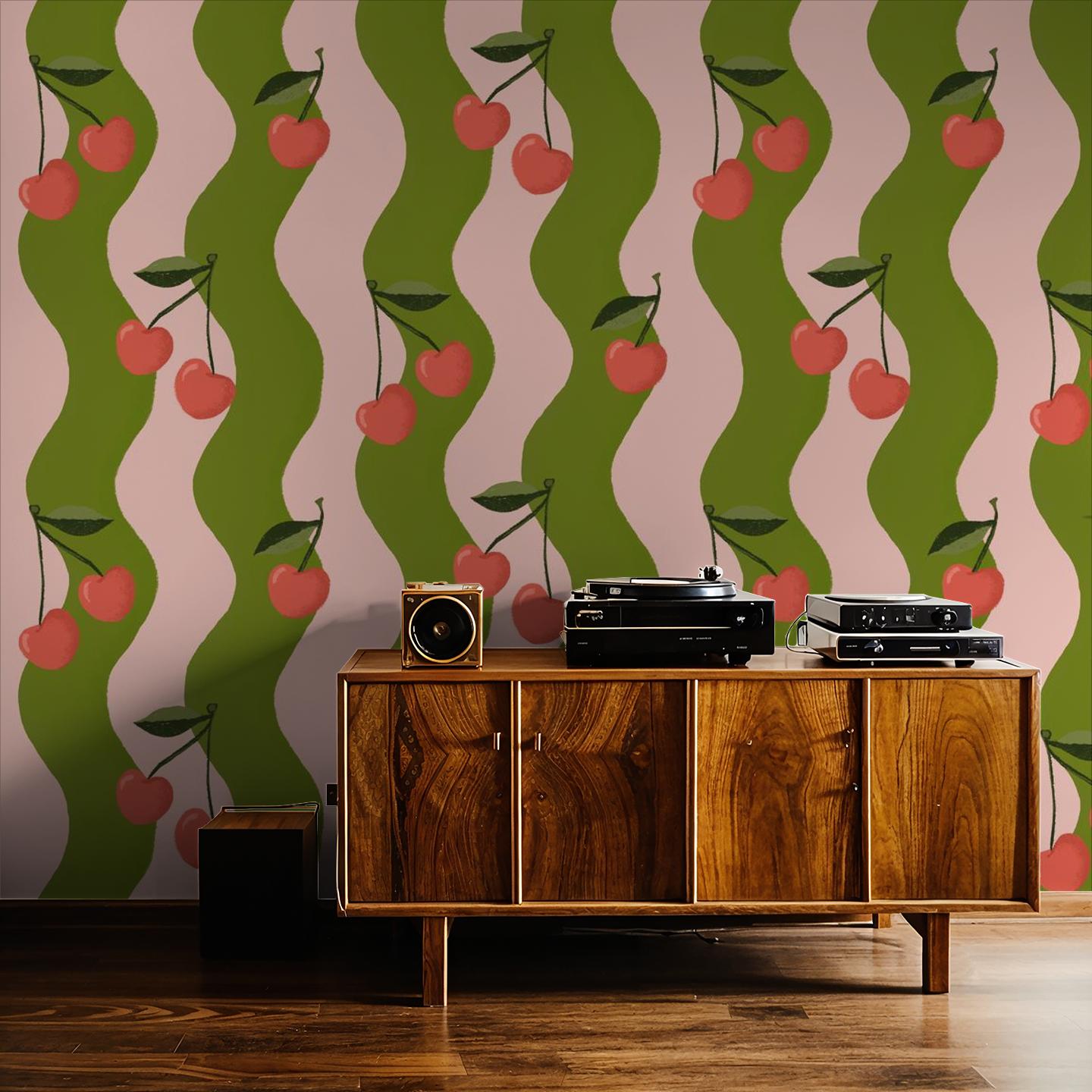 Wavy Cherry Wallpaper, pink and green- Samantha Santana Creative- {{Product type}}