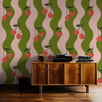 Wavy Cherry Wallpaper, pink and green- Samantha Santana Creative- {{Product type}}
