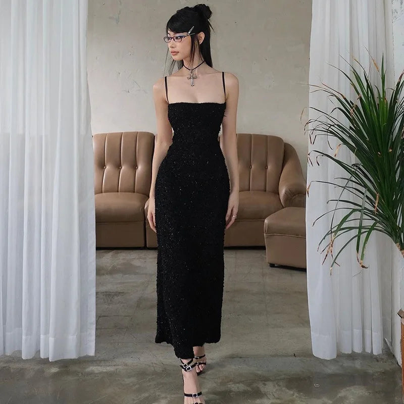 Long Black Dress Sequined Backless Slim Straps Low Cut Dresses