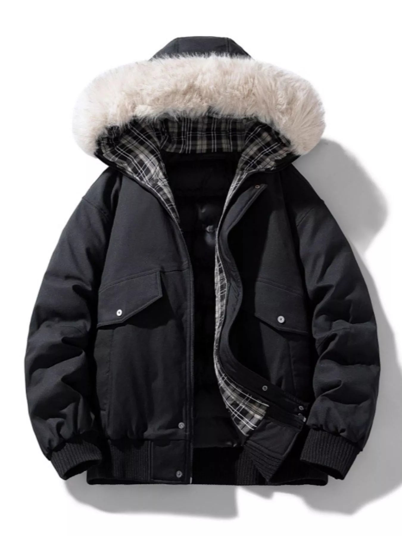 Men's Plus Size Fur Hooded Warm Padded Coat - Black -