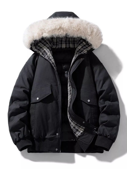 Men's Plus Size Fur Hooded Warm Padded Coat - Black -