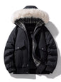 Men's Plus Size Fur Hooded Warm Padded Coat - Black -