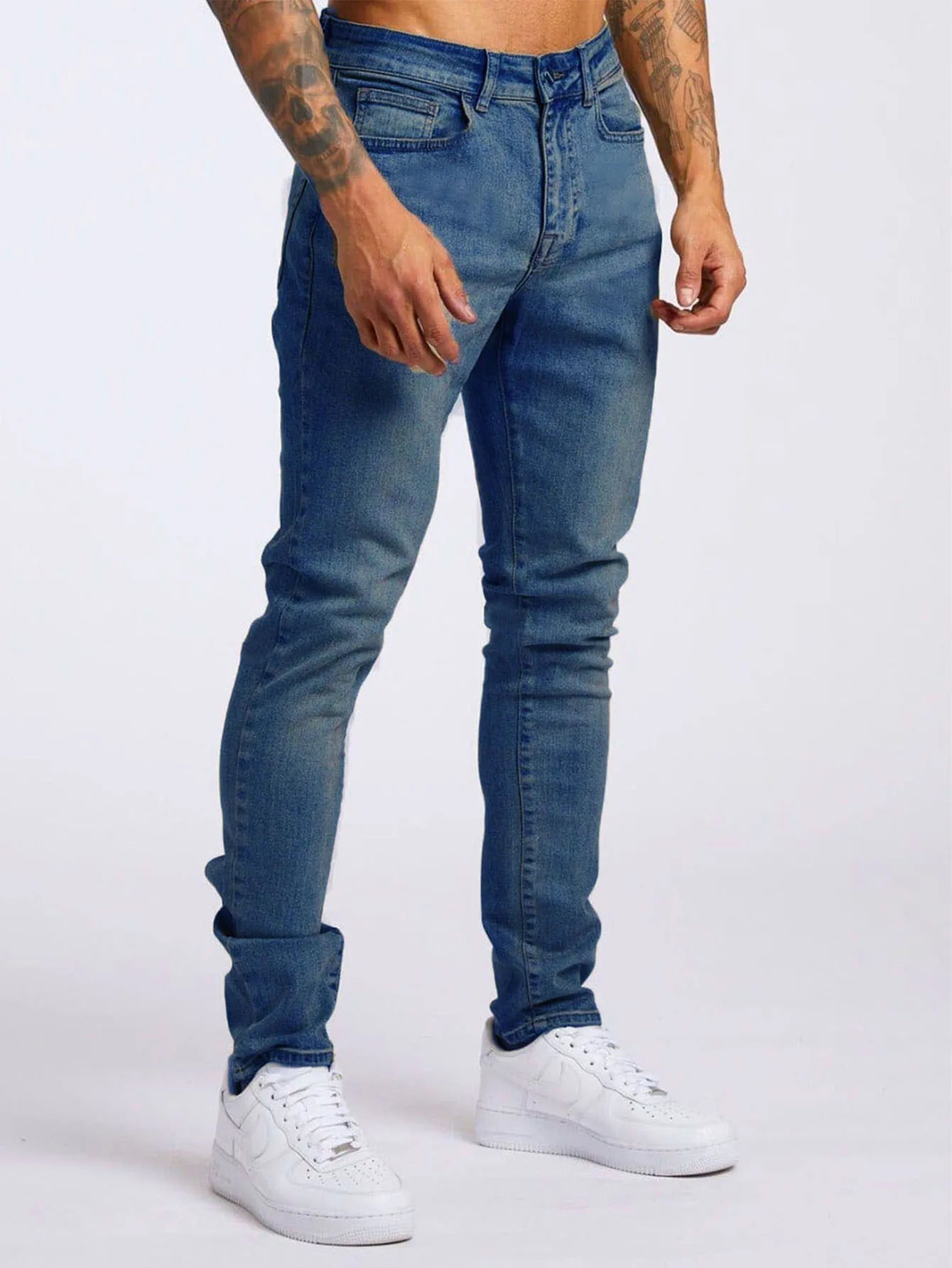 Retro Fashion Slim Fit Ripped Jeans Blue Denim Pants for Men