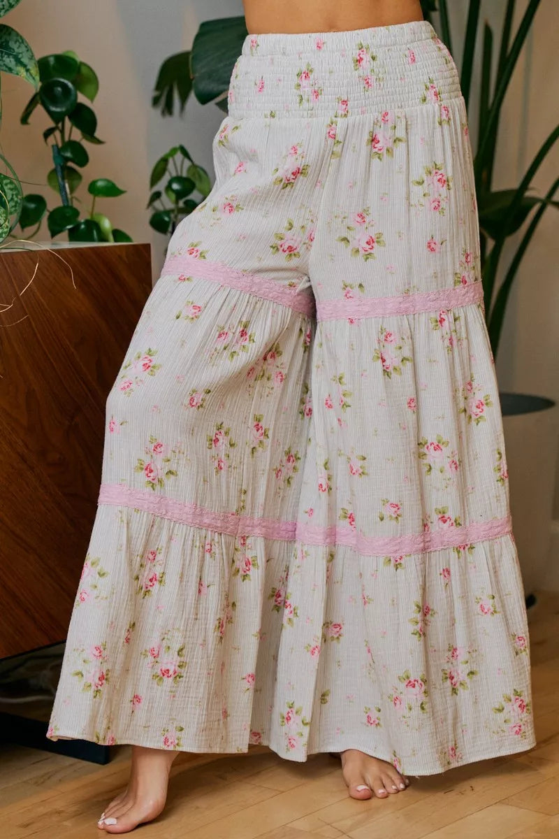 BiBi Rose Printed Gauze Trim Detail Smocked Maxi Pants - -