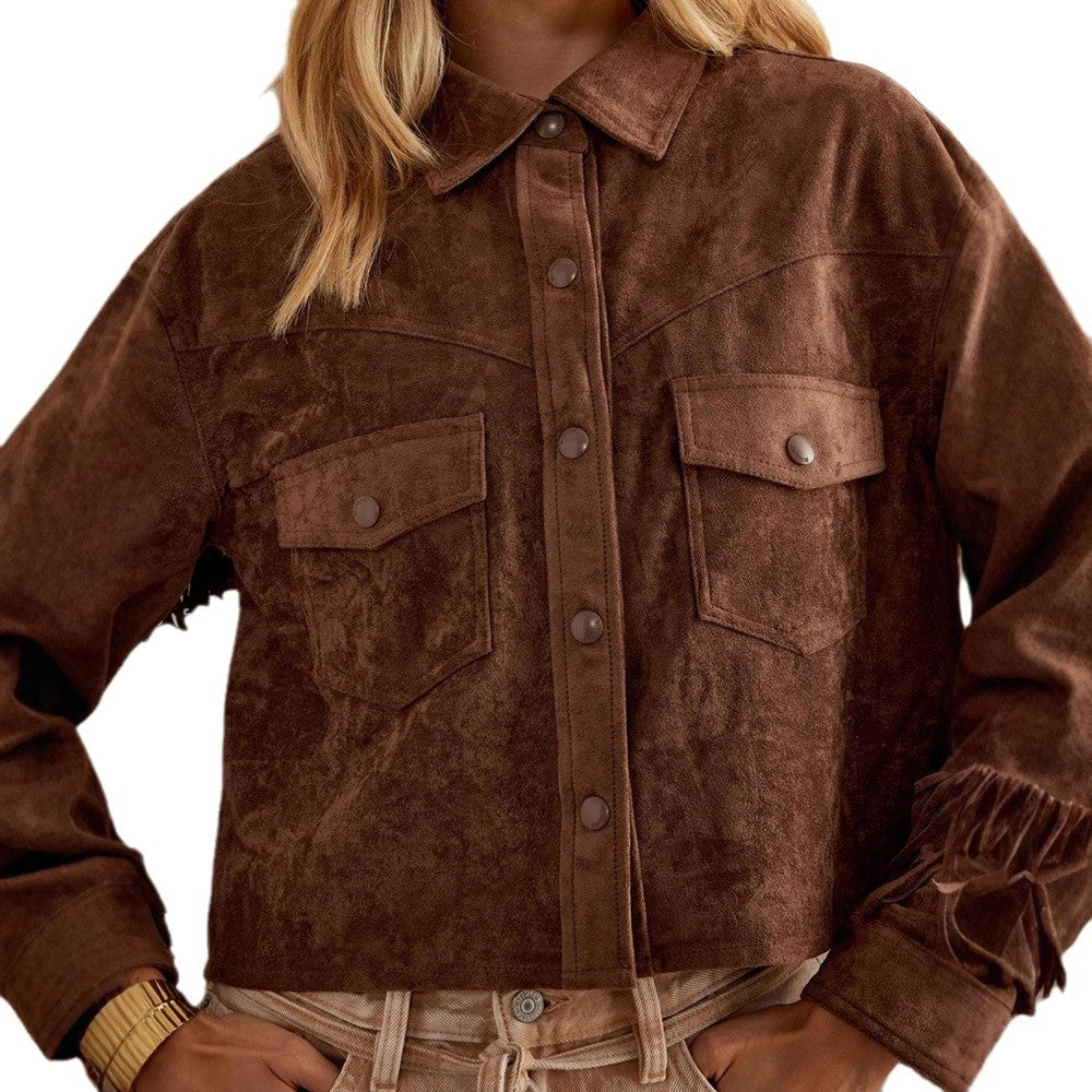 Brown Jacket With A Lapel Tassel Detailing, And Long Sleeves- Social Buzz eSIMs- {{Product type}}