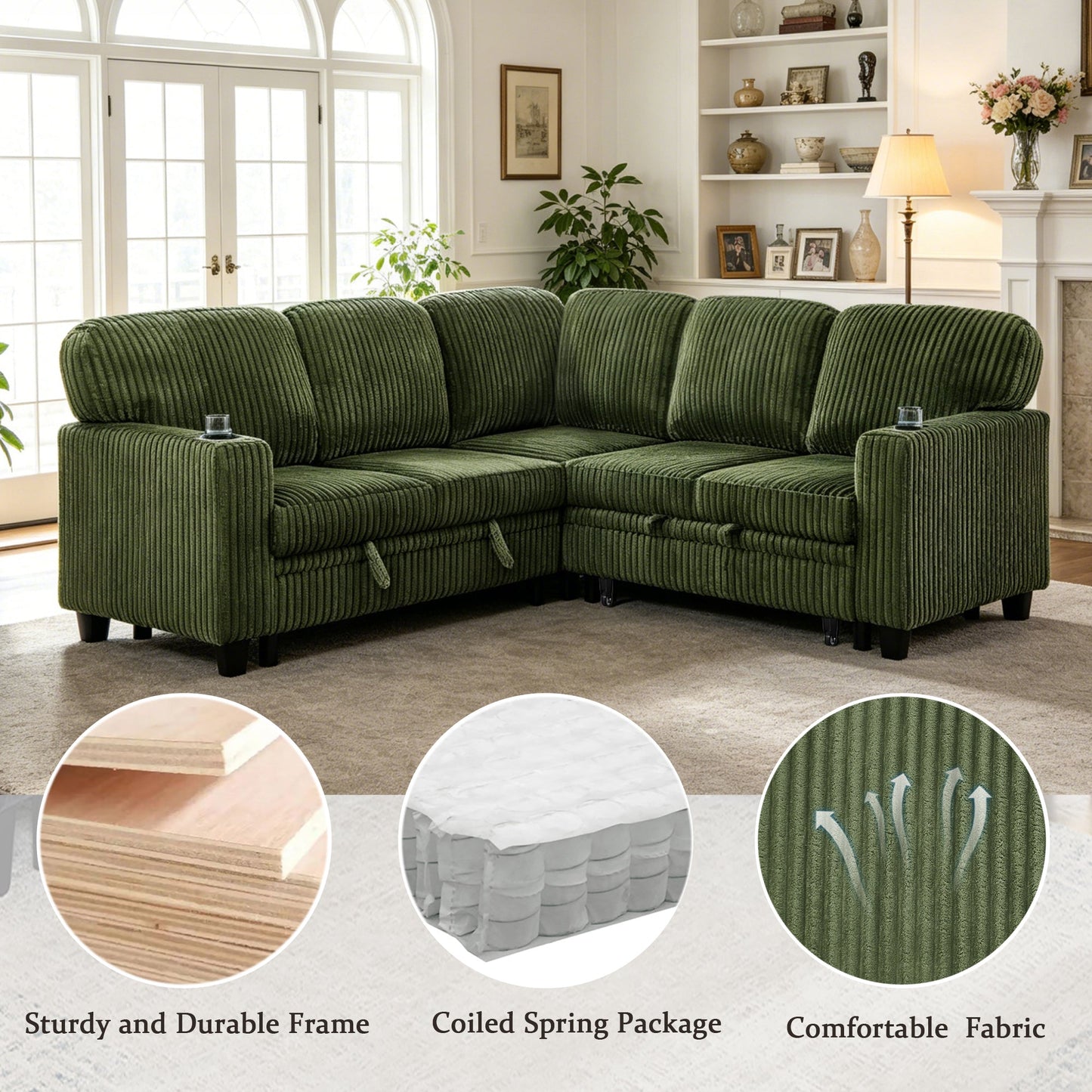 Sofa Bed L-Shape Corduroy Olive Green 5 Seat Pull-Out USB Ports 81 In- NIKKI CASA- {{Product type}}