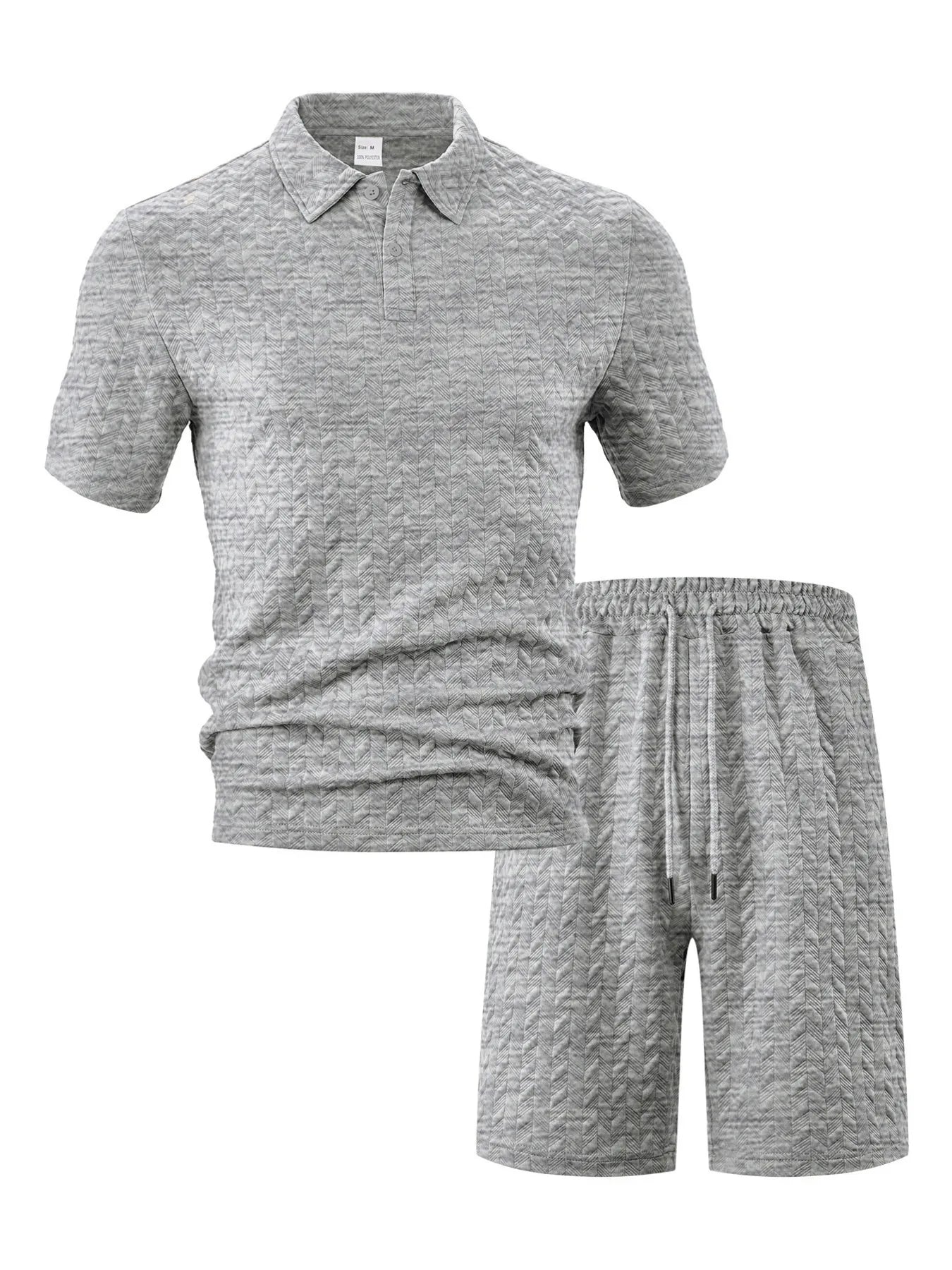Men's Full Size Textured Polo Shirt and Shorts Set Plus Size - Grey -