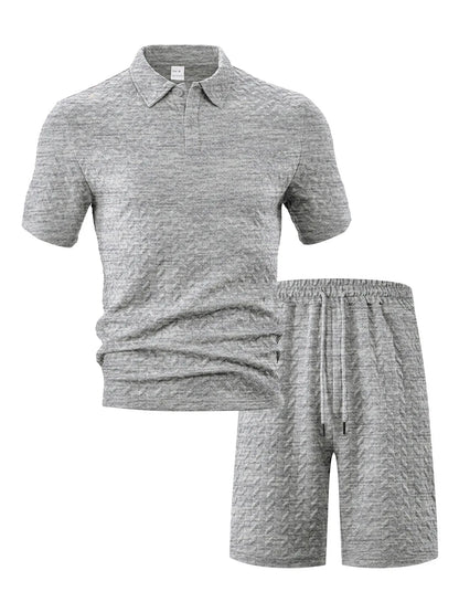 Men's Full Size Textured Polo Shirt and Shorts Set Plus Size - Grey -