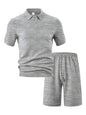 Men's Full Size Textured Polo Shirt and Shorts Set Plus Size - Grey -