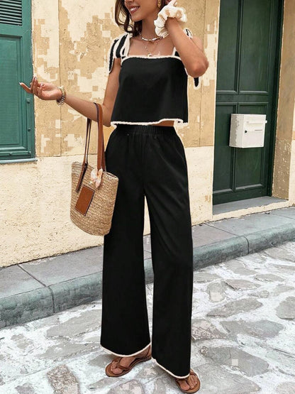 Tie Shoulder Cami and Wide Leg Pants Set- Shopimist- {{Product type}}