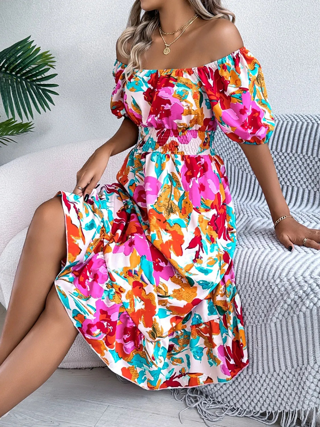 Ruffled Hem Smocked Floral Short Sleeve Midi Dress - -