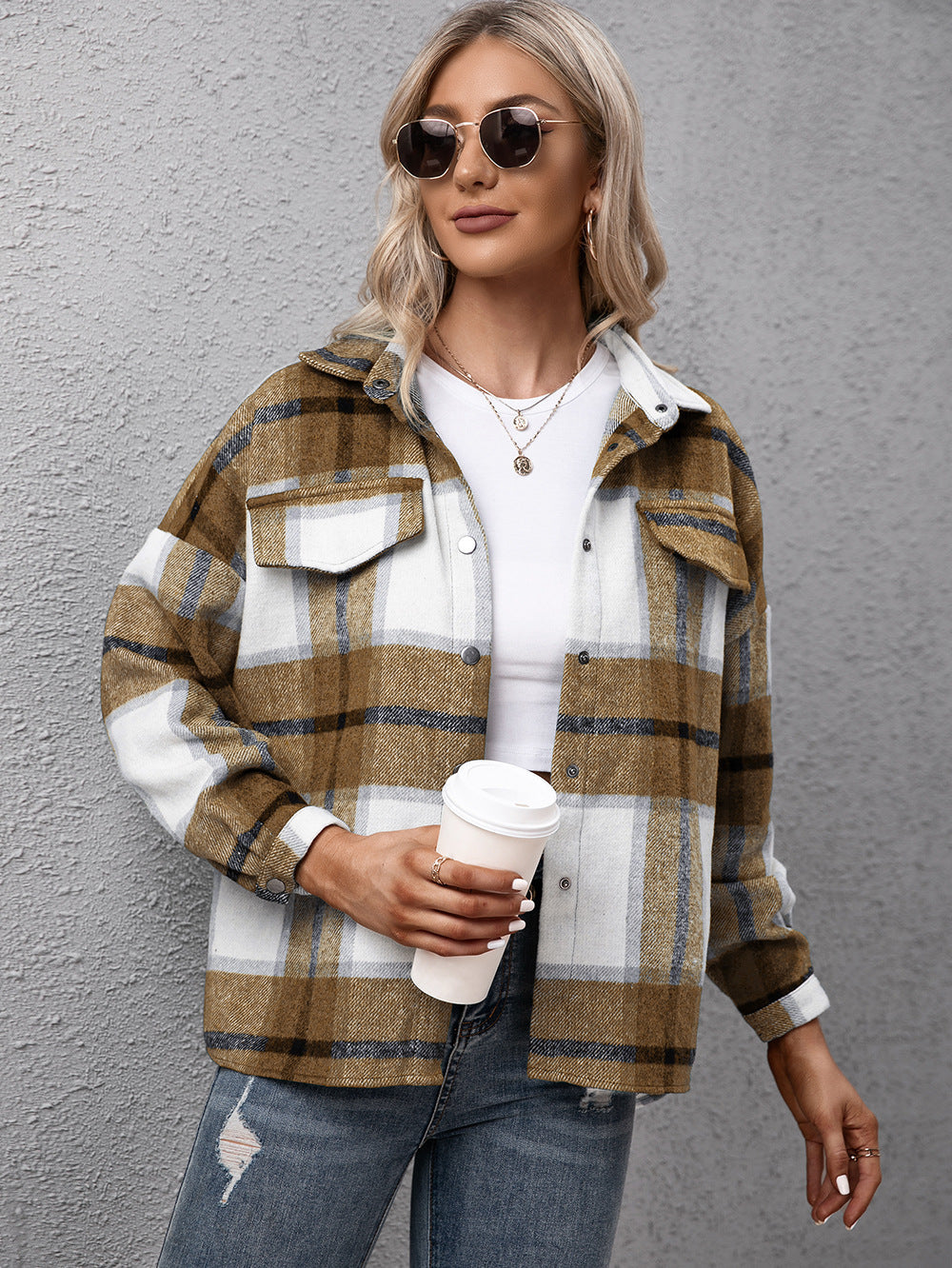 Ivy Lane Plaid Long Sleeve Shirt Jacket - -