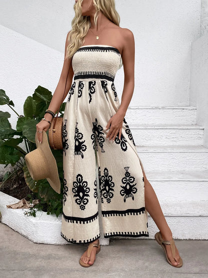 Smocked Printed Wide Leg Jumpsuit - -