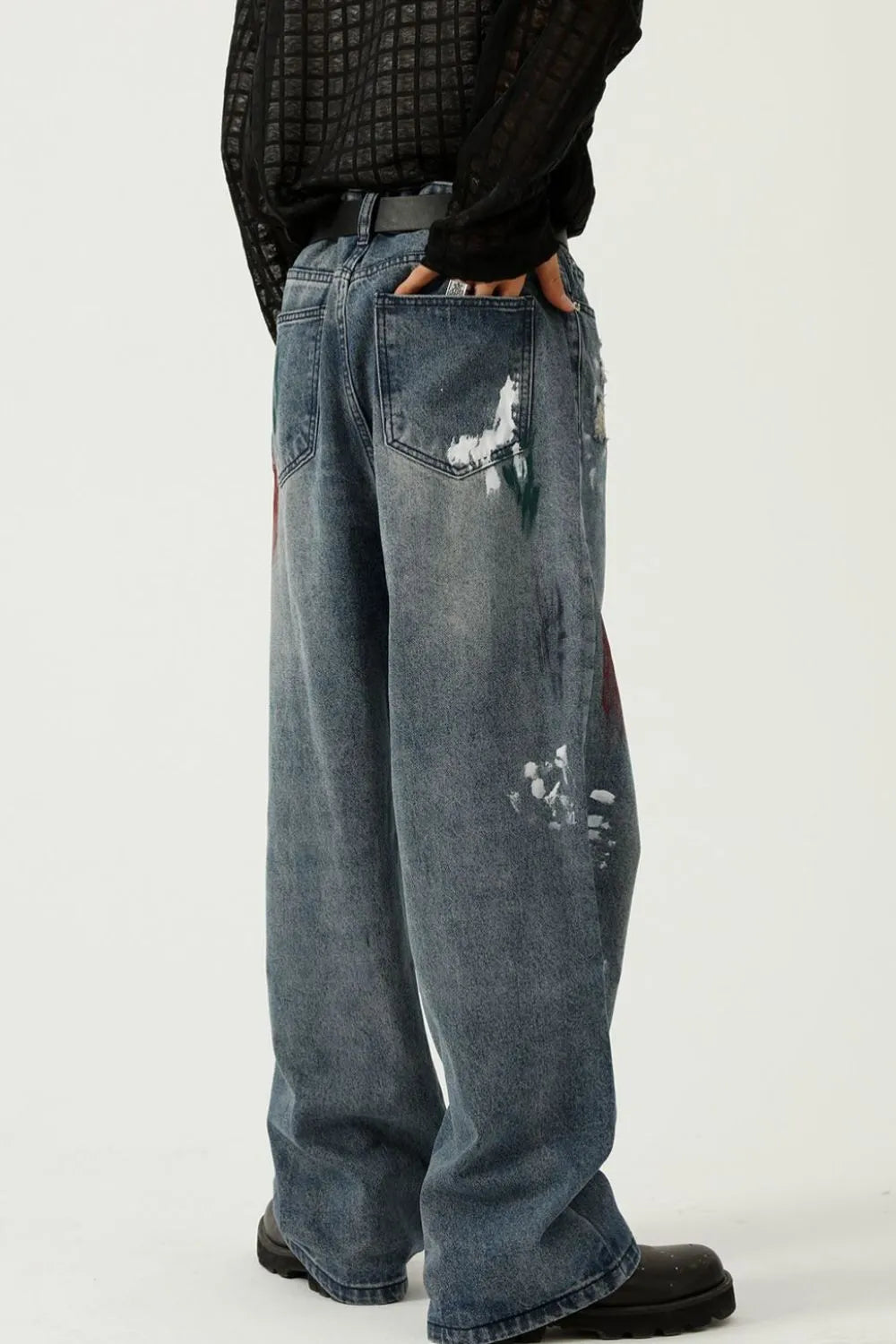 Washed Distressed Wide-Leg Jeans - -