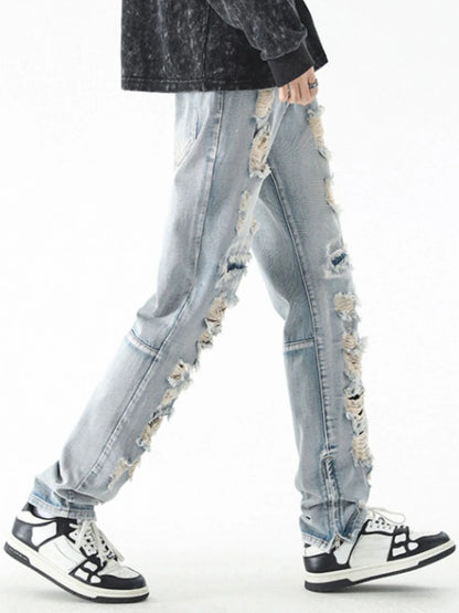 Men's Washed Distressed Straight Jeans - -