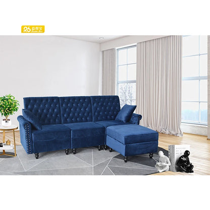 Modern Blue Velvet Chesterfield Sofa 3 Seat With Stool