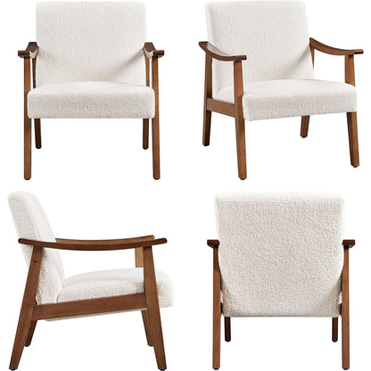 Mid Century Ivory Accent Chair With Wood Legs Boucle Upholstery- ShipItFurniture- {{Product type}}