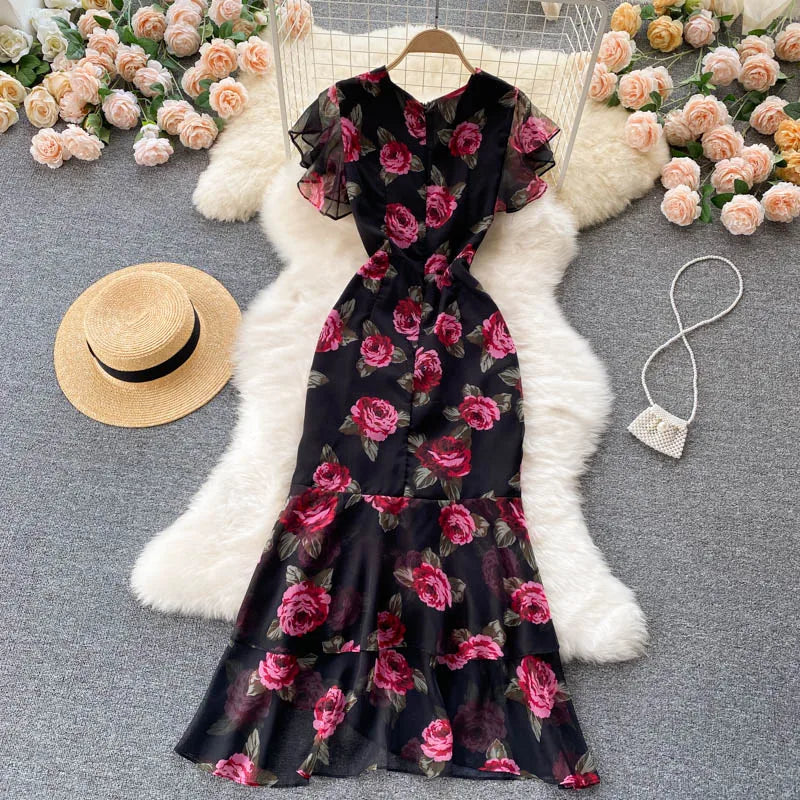 Floral Mermaid Maxi Dress Chiffon Short Sleeve Long Dress