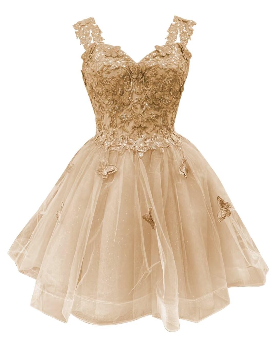 3D Butterfly Short Off Shoulder Sequin Dress - Champagne 8 - dress