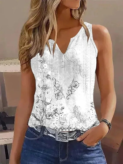 Floral Print Tank Top Notched Neck Sleeveless Top