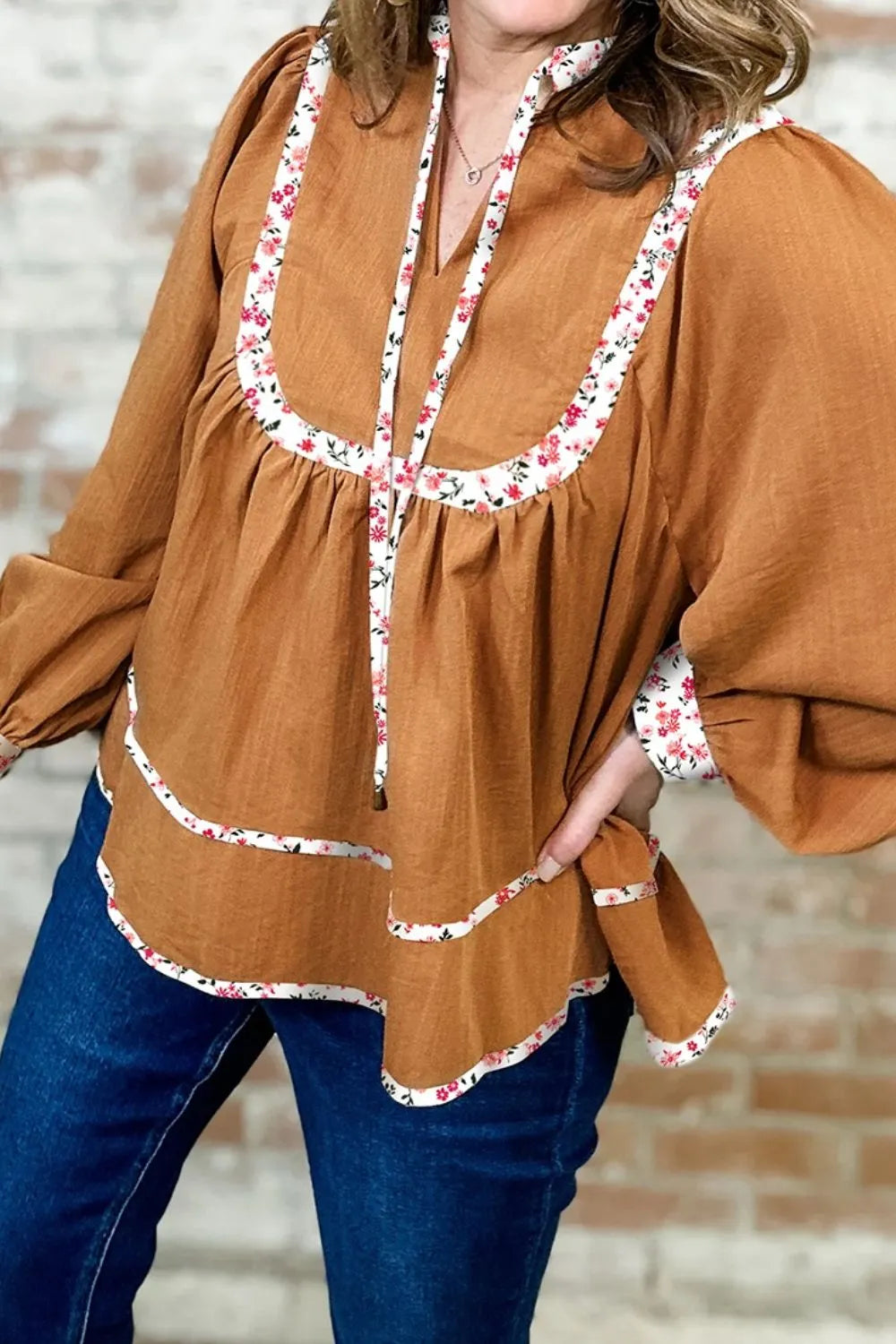 Floral Trim Long Sleeve Blouse - -