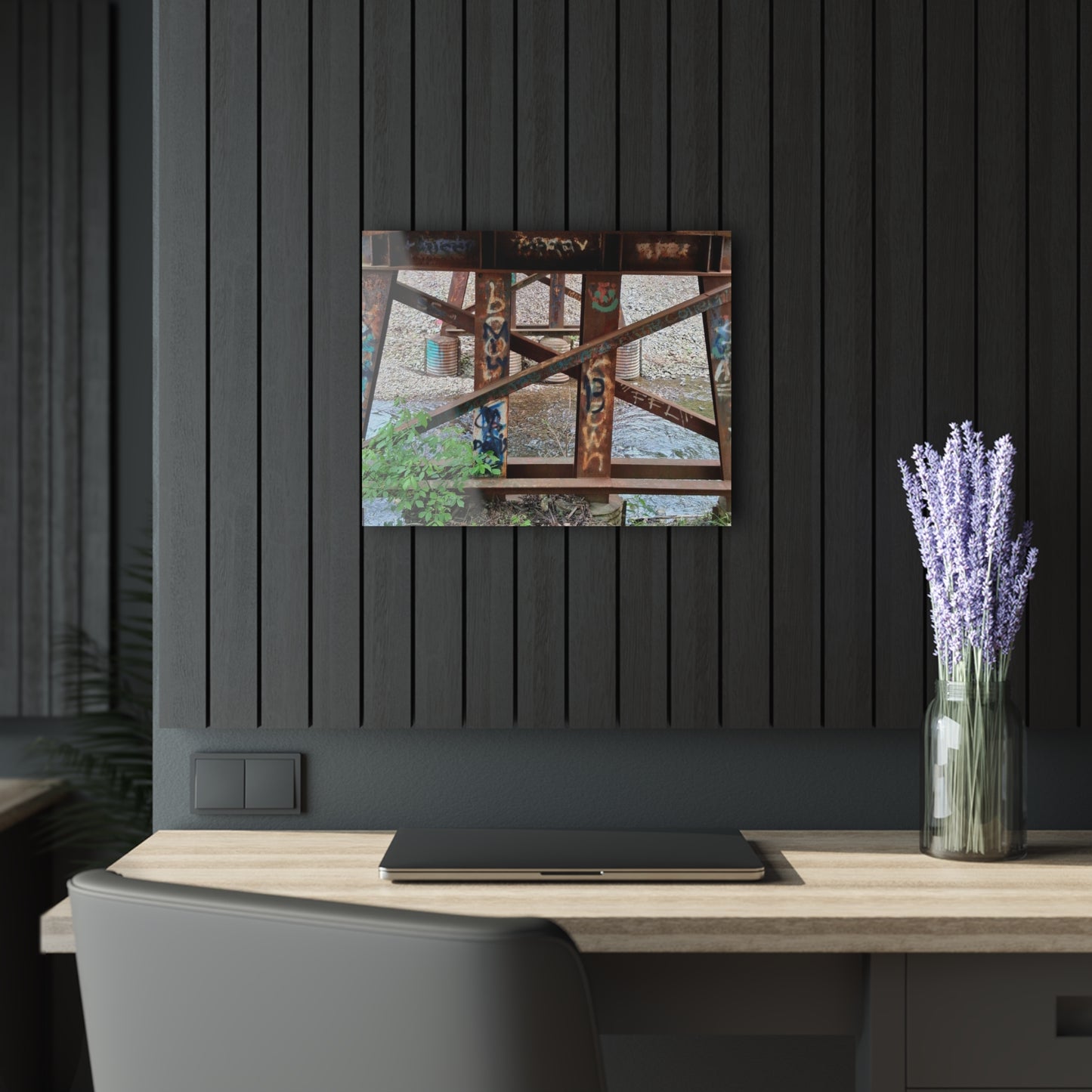 Urban Rusted Bridge Graffiti Acrylic Print French Cleat Hanging - 20″ x 16″ (Horizontal) 0.25'' - Home Decor