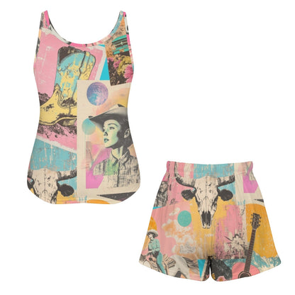Baha Ranch Pop Western Collage Pajama Lounge Tank Shorts Set Made in America - - Sleepwear