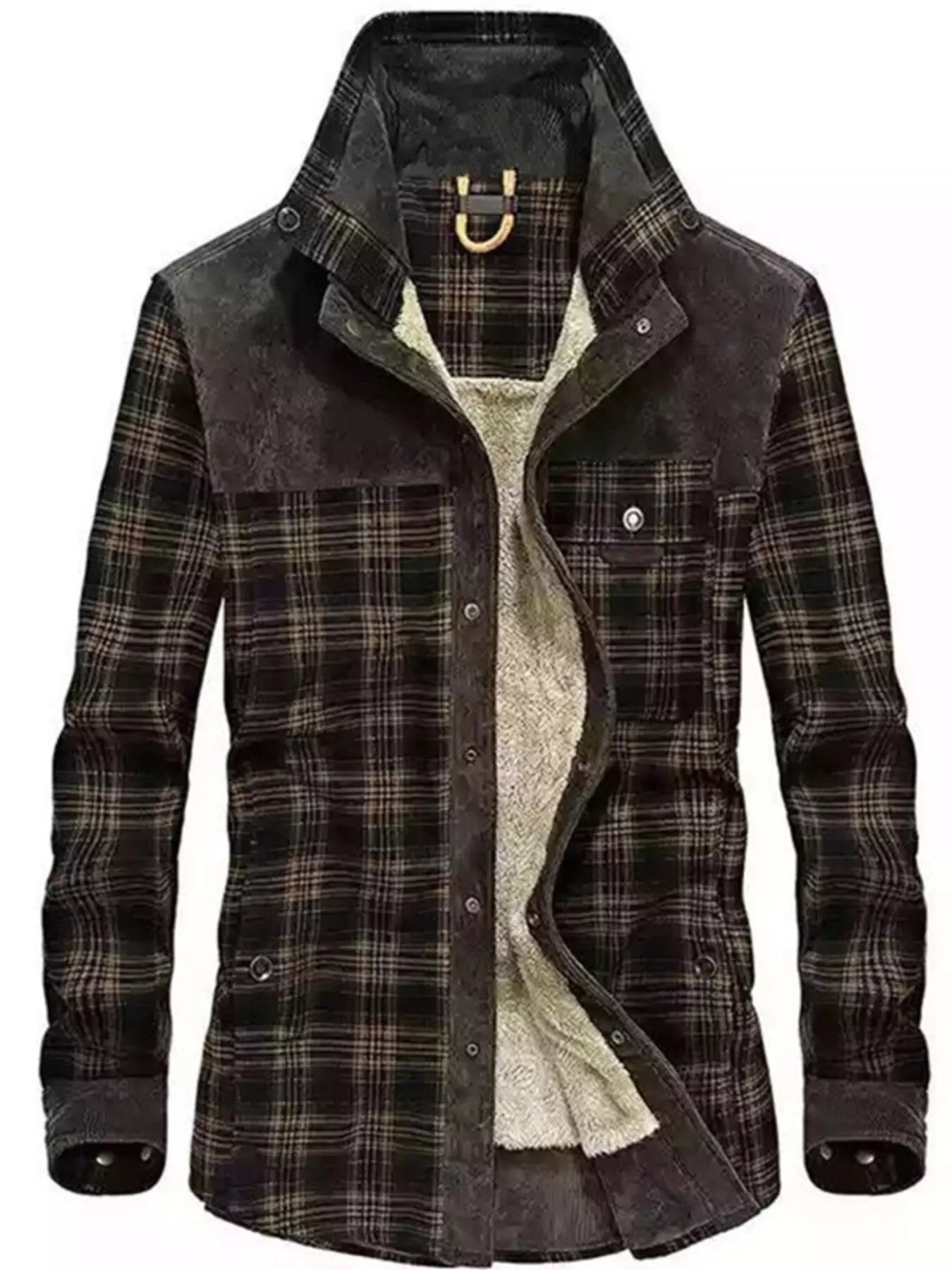 Men's Full Size Plaid Fleece Lined Snap Down Jacket Plus Size - Light Green Fine -