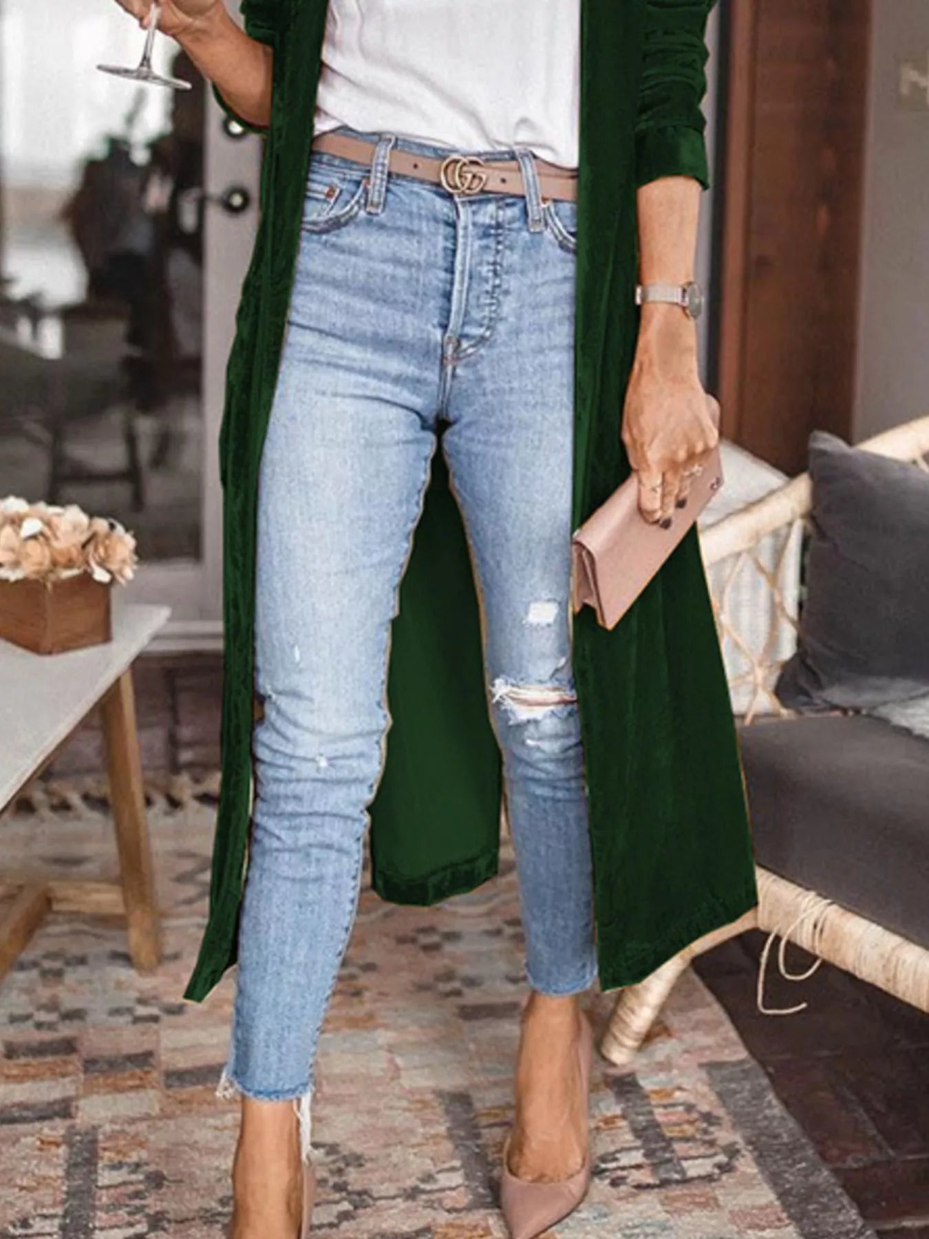 Open Front Long Sleeve Longline Cardigan - -