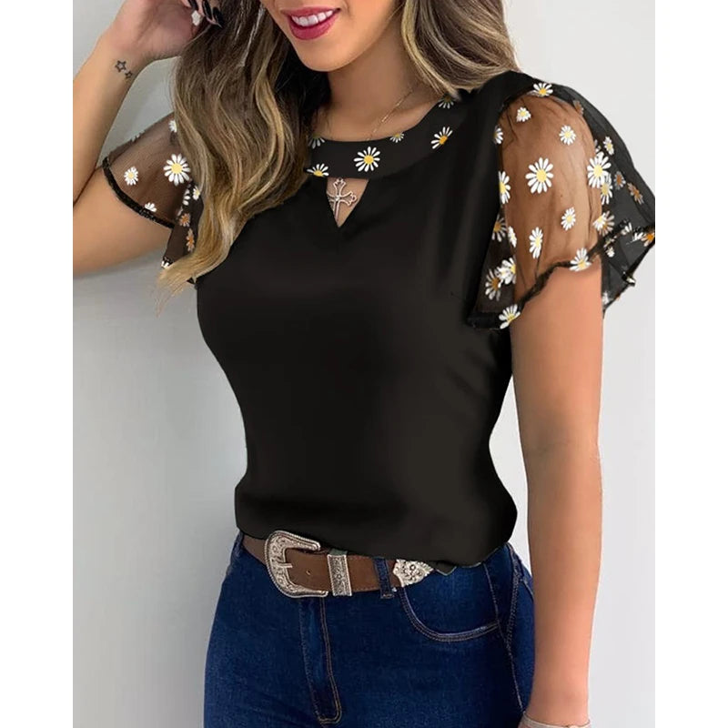 Women's Mesh Ruffled Sleeve Flower Embroidery Cutout Sheer Round Collar Shirt