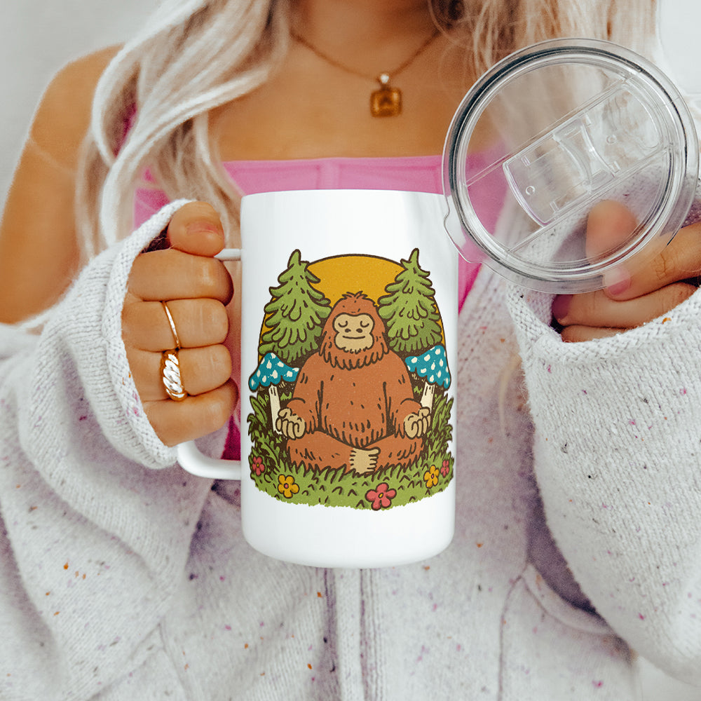 Meditating Bigfoot Insulated Travel Mug - -