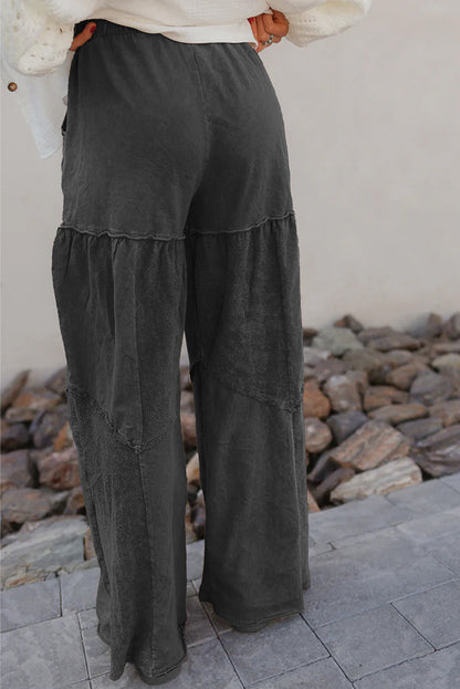 Black Mineral Wash Tiered Wide Leg Patchwork Drawstring Pants - - Bottoms/Pants & Culotte
