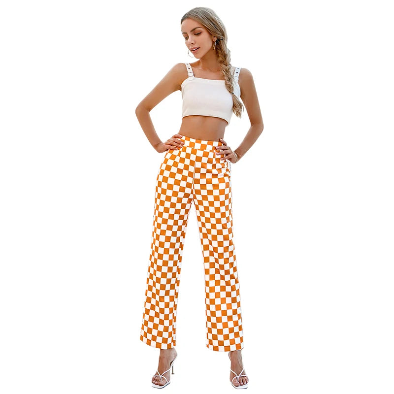 Women Double Crazy Checked Print Casual Pants