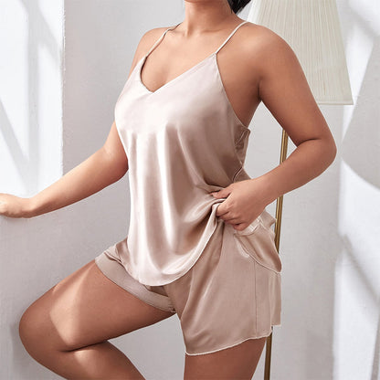 Plus Size Silky Halter Pajama Set - Champagne 4XL - pajamas