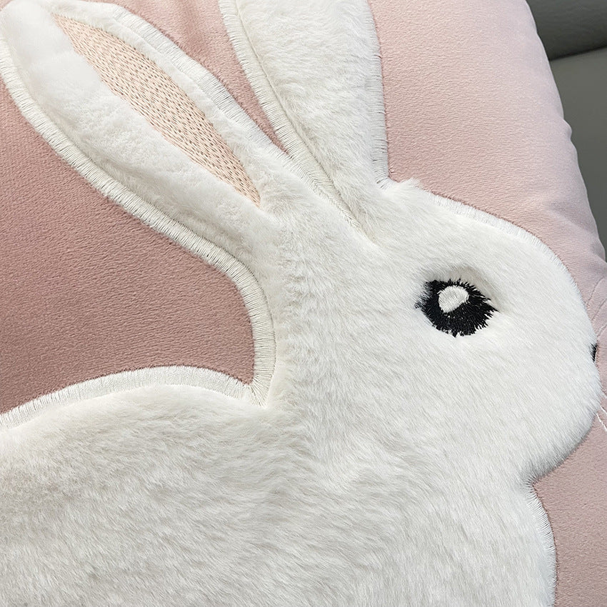 Soft Rabbit Pillow Cover Sofa Cushion Velvet Embroidered Pillow Girl's Heart Pink Cartoon Pillow Cover Cute - -
