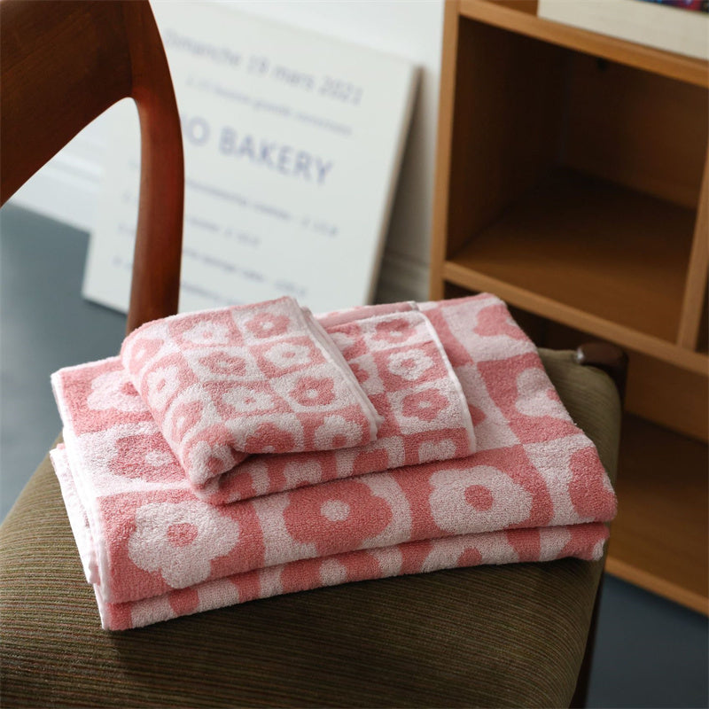 Plaid Series Towel Bath Towel Cherry Blossom Absorbent Facial Towel - Pink -
